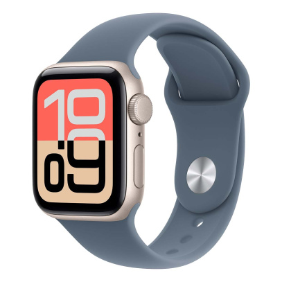 Apple Watch SE 3 (2025), 44 мм корпус из алюминия цвета «Starlight», ремешок Sport Band размера S/M цвета «Anchor Blue»