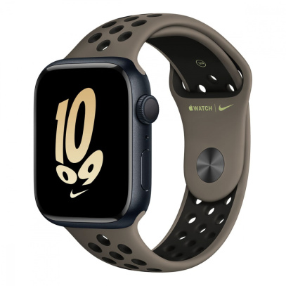 Apple Watch Nike Series 8, 45 мм корпус из алюминия цвета «Midnight», ремешок Nike Sport Band размера S/M цвета «Olive Grey/Black»