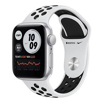 Apple Watch Nike Series 6, 40 мм, корпус из алюминия серебристого цвета, спортивный ремешок Nike цвета «чистая платина/чёрный»