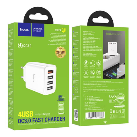 Зарядное устройство USB hoco. QC3.0 4USB порта 28,5 Вт (C102A), белый