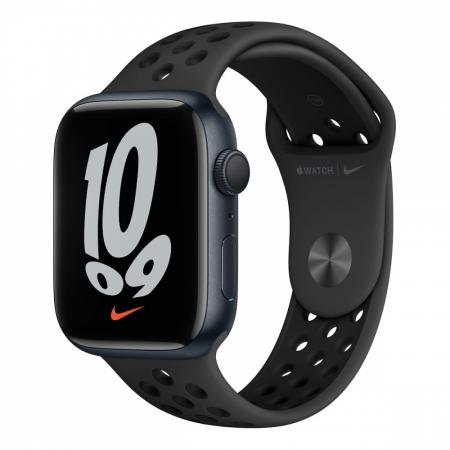 Apple Watch Nike Series 7, 45 мм корпус из алюминия цвета «тёмная ночь», спортивный ремешок Nike цвета «антрацитовый/чёрный»