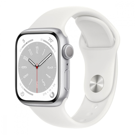 Apple Watch Series 8, 41 мм корпус из алюминия цвета «Silver», ремешок Sport Band размера M/L цвета «White»