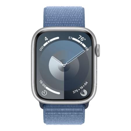 Apple Watch Series 9, 45 мм корпус из алюминия цвета «Silver», ремешок Sport Loop цвета «Winter Blue»
