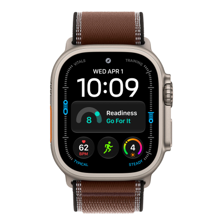 Apple Watch Ultra 4, 49 мм корпус из титана цвета «Natural», ремешок Trail Loop цвета «Dark Umber» размера M/L