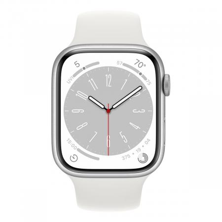 Apple Watch Series 8, 45 мм корпус из алюминия цвета «Silver», ремешок Sport Band размера S/M цвета «White»