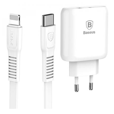 Зарядное устройство USB Type-C с кабелем Baseus (2 USB) Quick Charge 32 Вт 5V/9V/12V Bojure Series разъем Lightning (TZTUN-BJ02), белый