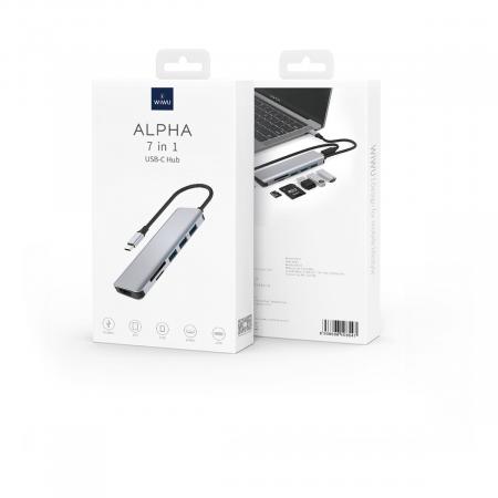 USB Хаб WiWU Alpha 731 HC 7в1 Type C на 3xUSB 3.0+HDMI 4K+Type C PD 100 Вт+SD/TF (A731HC) Серый