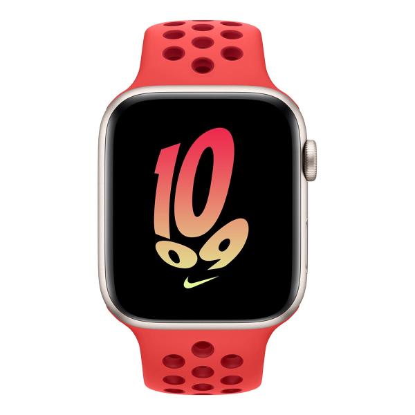 Apple Watch Nike SE (2022), 44 мм корпус из алюминия цвета «Starlight», ремешок Nike Sport Band размера S/M цвета «Bright Crimson/Gym Red»