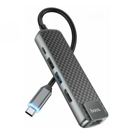 Type-C хаб hoco. для Macbook HDMI+USB3.0+USB2.0+RJ45+PD (HB23) Черный